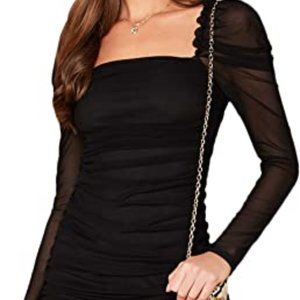 Square Neck Bishop Sleeve Chiffon Bodycon Dress NWOT